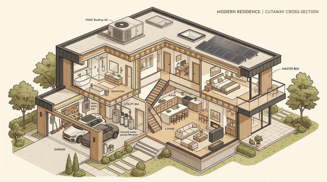 Architectural cutaway of luxury residence showing AC, electrical DB, water pump, and vehicle bay