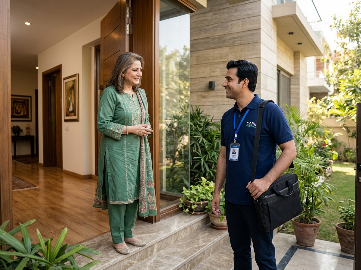 Verified HomeBuddy specialist welcomed at residential entrance by homeowner